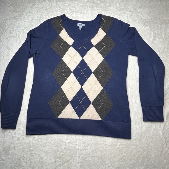Izod Men's Medium V-Neck Argyle Sweater Navy Blue Casual‎ Diamond Cotton - Picture 1 of 7